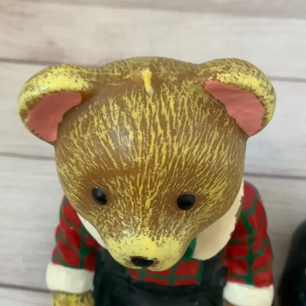 Vintage Teddy Bear Candles Set of 2 Bears with Bow Tie Plaid Shirt Overalls